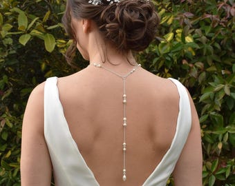 Bridal Backdrop Necklace: Pearl & Crystal Lariat, Low Back Wedding Jewelry
