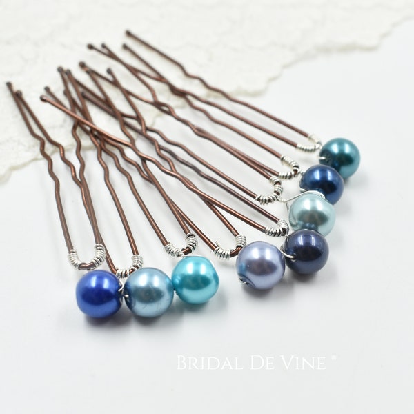 Blue, Teal Single Pearls, Something Blue, Hair Pins, Bridal Accessories  Wedding Hair Up