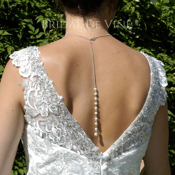 Bridal Back Jewellery, Backdrop Lariat Necklace - Bridal Necklace, Wedding Prom Crystals & Pearls