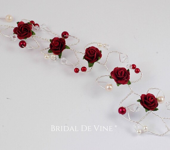 Burgundy Dark Red Hair Piece Mulberry Roses Flower Hair Vine Bridesmaids Hair Accessory Hair Up Bun Wrap