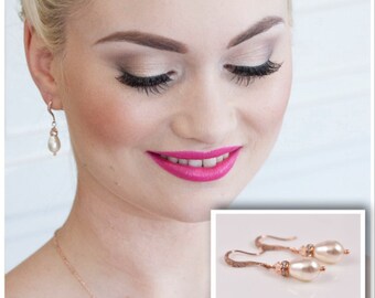 Pretty Rose Gold & Pearl Earrings,  Bridal Drop Earrings,  Cubic Zirconia Rhinestone Jewellery Dangle Drop Jewelry