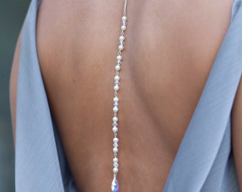 Elegant Bridal Backdrop Lariat Necklace - Wedding Prom Pearls & Crystals, Back Necklace