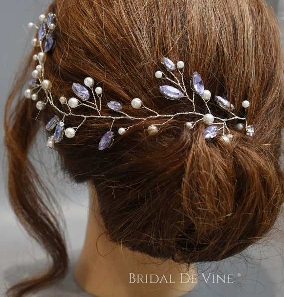 Lilac Bridal Hair Vine: Rhinestone Pearl Hair Piece - Etsy display picture 1