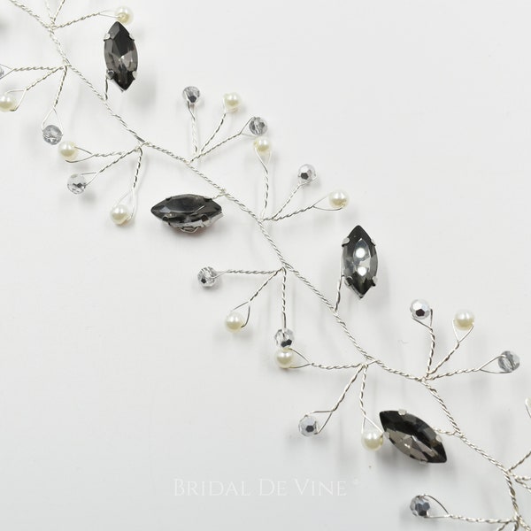 Black Diamond Grey Silver Wedding Hair Vine, Bridesmaids Hair Accessories