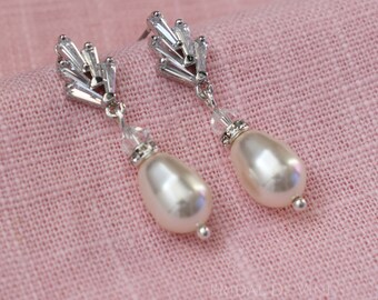 Art Deco Cubic Zirconia Bridal Drop Teardrop Pearl Earrings, Gold or Silver  Vintage Inspired