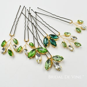 Gold Set - Green Emerald Sparkly Rhinestone Bridal Hair Pin, Gold Settings
