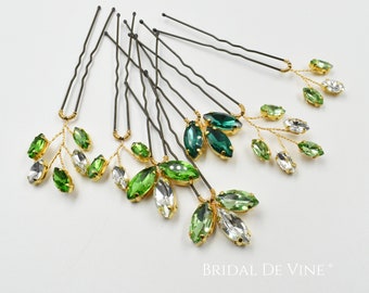 Gold Set - Green Emerald Sparkly Rhinestone Bridal Hair Pin, Gold Settings