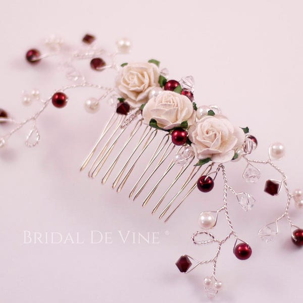 Bridesmaids Flower Hair Accessory, Hair Comb Pearl and Crystal Combs Bridesmaid Dark Red Burgundy Siam Ivory