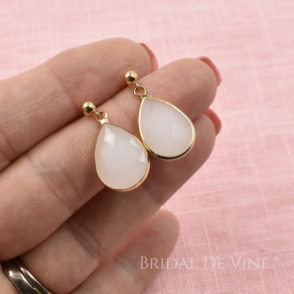 White Opal and Gold Drop Earrings, Bridal, Gift