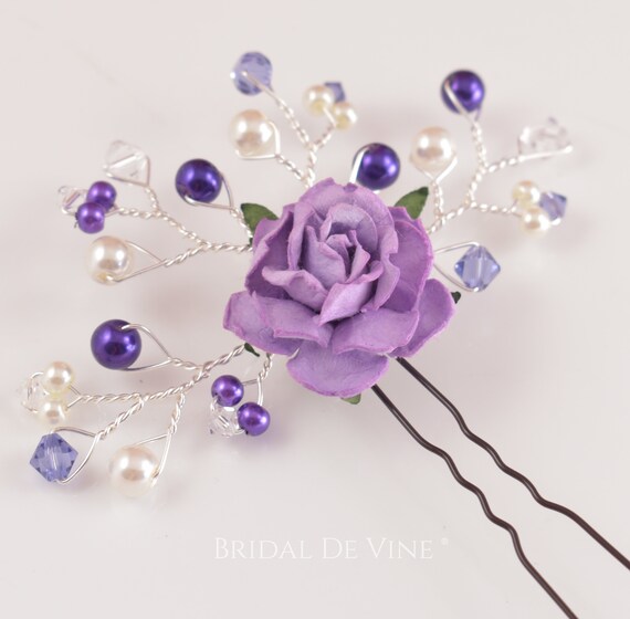 Pretty Purple Mulberry Rose Flower Spray Hair Pin Tanzanite Hair Accessory Bridesmaids Hair Up