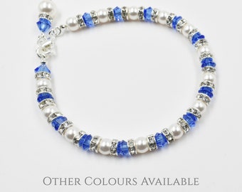 Bridal Bracelet, Bridesmaids Jewellery Pearl  & Royal Blue Capri Crystal Bracelet,  Sapphire, Colour Options, Something Blue