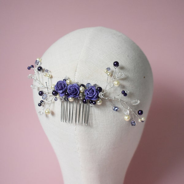 Blue, Purple, Burgundy Hair Comb Mulberry Roses Pearl & Crystals Bridesmaids Hair Accessory, Bridesmaids Comb