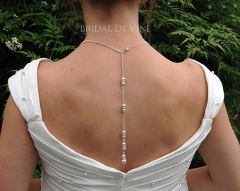 Bridal Backdrop Necklace, Back Lariat, Back drop Necklace, Bridal Necklace - Bridal Wedding Prom Diamante & Pearls