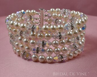 Sparkly Bridal Cuff Bracelet, Wedding Bracelet with Crystal, Pearls and Diamante made with CRYSTALLIZED™ - Swarovski Elements