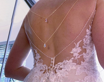 Bridal Back Jewellery, Crystal Drop  Back Necklace, Backdrop Pearl Drop, Silver or Gold, Dainty Back Necklace