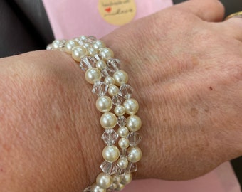 Pretty Pearl and Crystal Bridal Bracelet, Wedding Bracelet,  Triple Stranded Bracelet  Pearls & Crystals