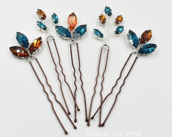 Bridal Bridesmaids Hair Pin, Rhinestone Hair Accessories Peacock Blue Teal, Tea, Rust, Autumn