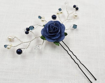 Bridal Navy Flower Hair Pin, Bridesmaids  Accessories