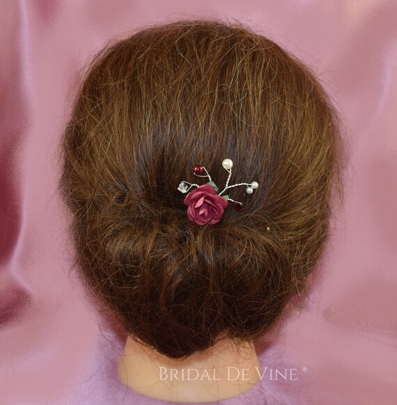 Burgundy Dark Red Mulberry Rose Flower Hair Pin Maid Of Honour Bridesmaids Hair Accessories
