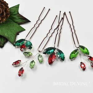 Red and Green Emerald Sparkly Rhinestone  Hair Pin, Bridesmaids Hair Accessories, Christmas, Winter Wedding
