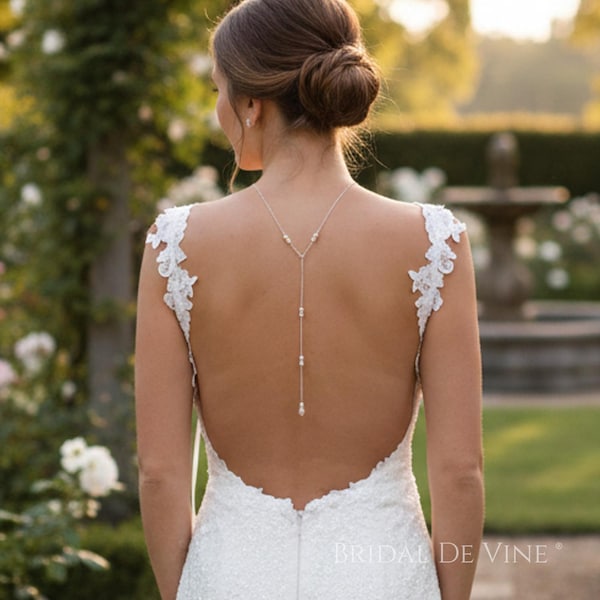 Pearl Bridal Backdrop Necklace: Silver Diamante Wedding Jewelry