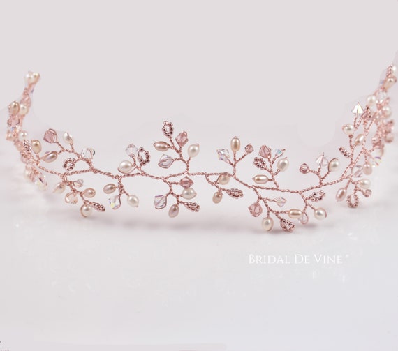 Rose Gold Bridal Hair Vine, Swarovski Crystals, Pearl Boho  display picture 3