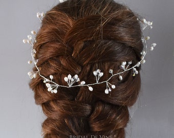 Hochzeit Süßwasser Perlen Haarranke, Gedrehte Zarte Braut Haarranke, Haarschmuck - Hair Up - Boho Hochzeit - 'Farn'