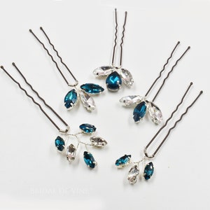 Bridal Bridesmaids Hair Pin, Rhinestone Hair Accessories Peacock Blue Teal, Blue Zircon