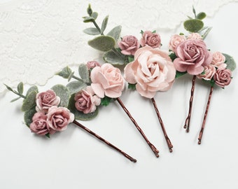 Dusky Pink, Blush Mulberry Roses, Bridal Hair Pin Set, Bobby Pins Wedding Hair Piece, Bridesmaids Hair Accessories