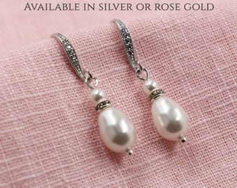 Bridal Pearl Drop Earrings,  Silver or Rose Gold Cubic Zirconia Rhinestone Jewellery Dangle Drop Jewelry