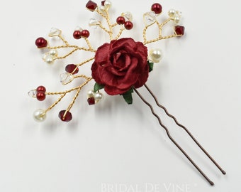 Burgundy Dark Red Hair Pin  Mulberry Rose Flower Spray Gold  Bridesmaids Hair Accessory, Bridal Hair Pins