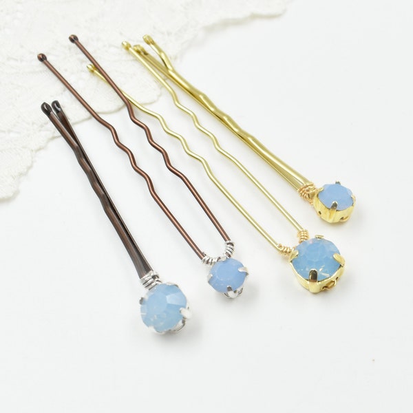 Bridal Blue Opal, Rhinestone Hair Pin, Kirby Bobby Grip, Pale Blue Opal Hair Accessory, Something Blue