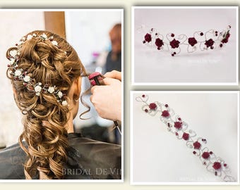 Burgundy Dark Red Hair Vine,  Accessory,  Mulberry Roses, Flower,  Bridesmaids Hair Piece