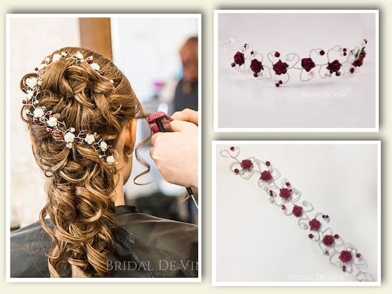 Burgundy Dark Red Hair Piece Mulberry Roses Flower Hair Vine Bridesmaids Hair Accessory Hair Up Bun Wrap