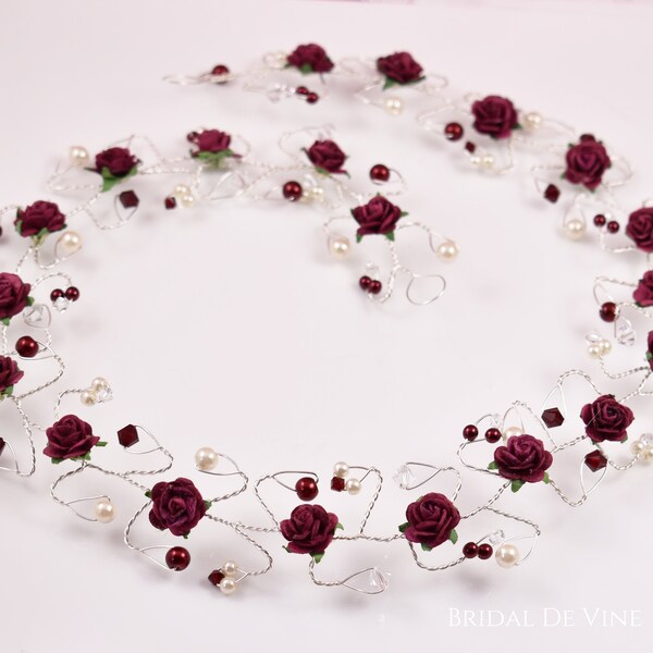 Burgundy Dark Red Hair Vine,  Accessory,  Mulberry Roses, Flower,  Bridesmaids Hair Piece