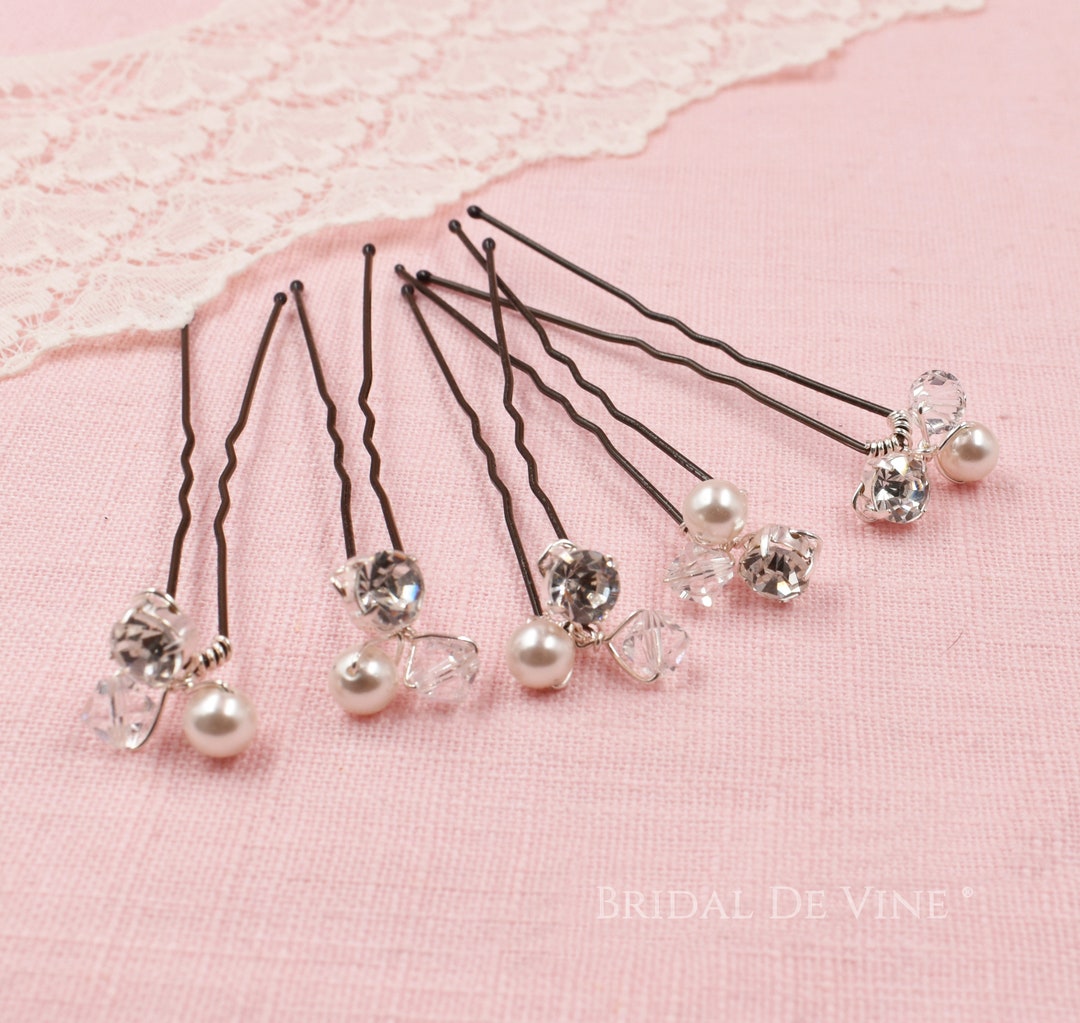 Bridal Pearl & Crystals Silver Hair Pins Crystal Clear Etsy