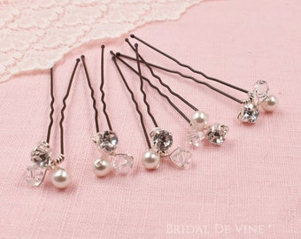 Bridal Pearl & Crystals Silver hair pins  Crystal Clear Rhinestone Diamante Bride Wedding Hair Pins