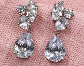 Bridal Drop Earrings, Silver Cubic Zirconia, Bling, Sparkly Statement Earrings