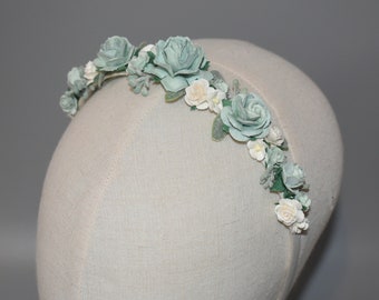 Sage Green Flower Headband, Roses Flower Girls, Bridesmaids Hair Accessory, Flower Girls Alice Band, Wedding Headband