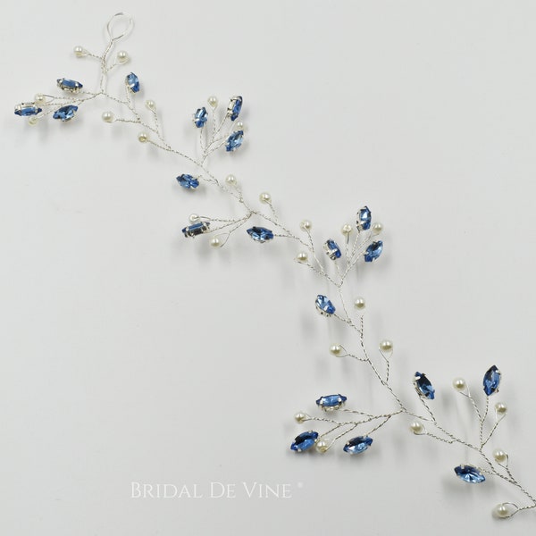 Sapphire Blue Bridal Hair Vine,  Bridesmaids Hair Accessory, Bridal Hair Up Bun Wrap