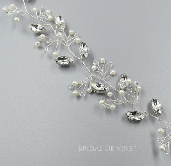 Pearl and Sparkly Diamante Rhinestone Hair Vine, Bridal Hair  display picture 2