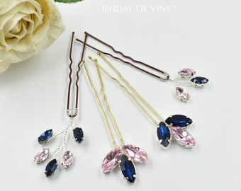 Navy Blue & Pink Blush, Bright Fuchsia  Sparkly Rhinestone Bridal Hair Pin, Bridesmaids Hair Accessories, Wedding Accessory