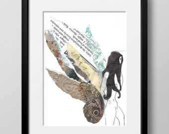 May include: A framed mixed-media collage artwork featuring a central moth with detailed brown wings, surrounded by layered paper cutouts of text, green patterned paper, and a black ink silhouette of a figure, all set against a white background.