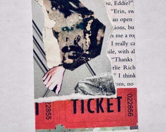 May include: A mixed-media collage featuring a torn piece of a black and white photograph showing a person's face and hand, layered over a page of printed text. A red ticket stub with the word TICKET and the number 022856 is attached at the bottom.