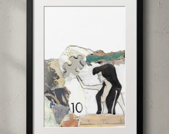 May include: A framed mixed media collage art print featuring a stylized black silhouette of a figure, a grey puzzle piece, and the number 10. The composition includes torn paper textures in shades of white, black, teal, and brown against a white background.