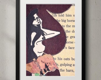 May include: A framed mixed media collage art print featuring a stylized black ink illustration of a person with long hair against a deep purple background, layered over a page of vintage book text with visible words like Gib, horse, and barn.
