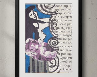 May include: A framed mixed media collage art print featuring a black and white silhouette of a person, purple flowers in a striped vase, and black swirling line patterns layered over a background of printed English text on a white paper surface.