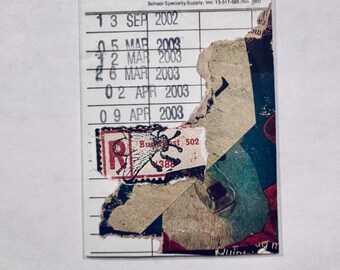 May include: A rectangular library checkout card with printed dates from 2002 and 2003, featuring a collage overlay. The card includes a small red and white stamp with a fly illustration, text reading Budapest 502, and a partial image of a bear.
