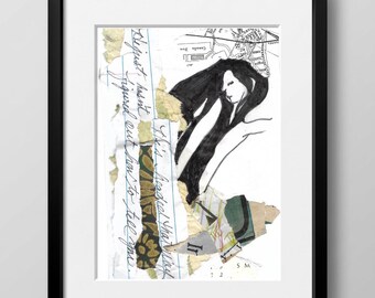 May include: A framed mixed media collage featuring a black ink drawing of a person with long dark hair, layered over torn pieces of lined notebook paper, a map, and patterned fabric. The text reads: I guess I havent figured out how to tell you.