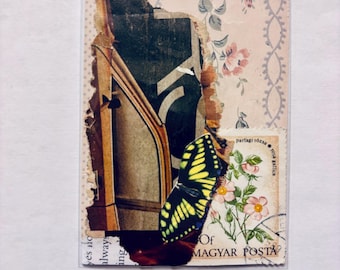 May include: A mixed media collage card featuring a torn piece of vintage wallpaper with a floral pattern, a black and white architectural cutout, a yellow and black butterfly illustration, and a Hungarian postage stamp with pink rose imagery.